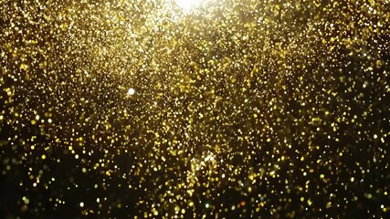 Poster - Sparkling golden particles dance in a mesmerizing display of light and elegance within a dark backdrop, enchanting the senses. Generative AI