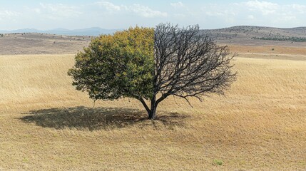 Aufkleber - In a tranquil landscape, a remarkable tree stands divided into two distinct sections, showcasing a lively green side and a barren, lifeless counterpart against a dry background