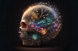 © Michael - 3d illustration of human skull with colorful fractal design on dark background