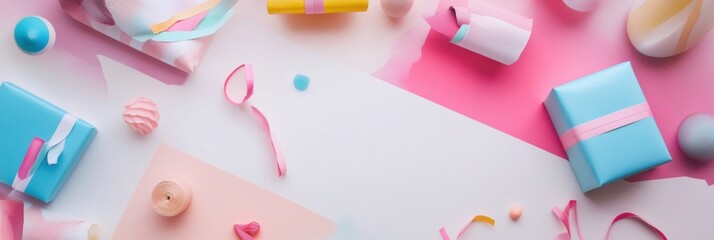 Poster - Brightly colored gift wrapping items are arranged, featuring papers, ribbons, and cards, offering ample space for personal notes. Generative AI