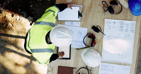 Poster - Above, person and paper on construction site for planning, urban development and project management with checklist. Engineer man, blueprint and tech at table for building renovation in architecture