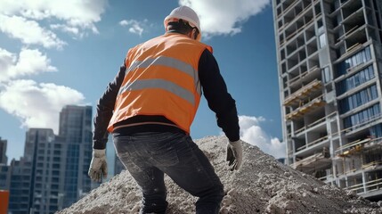 Poster - construction site manager overseeing cement use for commercial complex in urban environment action-p
