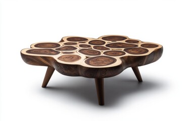 Poster - A coffee table made of walnut, with circular wood slabs arranged in an organic pattern on the top surface and legs at each corner.