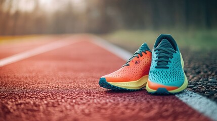 Poster - A colorful pair of running shoes sits on a track, illuminated by warm natural light, ready for an invigorating workout session. Generative AI