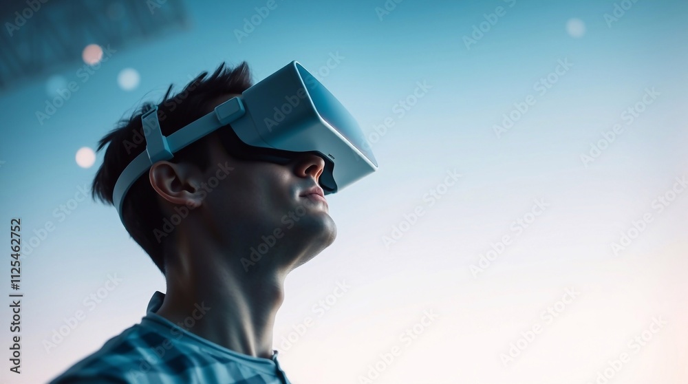 man looking up, wearing virtual reality glasses on a futuristic ...