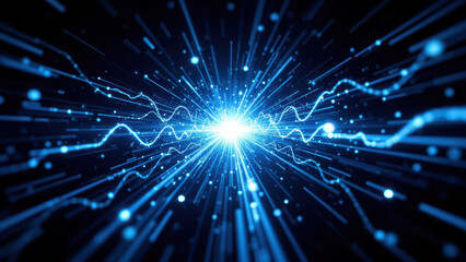 An artistic visual representation of a neural network or generative AI process, showcasing the concept of RAG (Retrieval Augmented Generation) with dynamic blue particle effects.