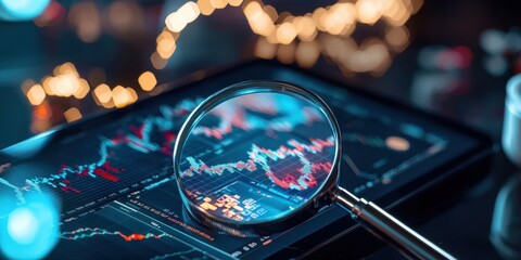 Poster - analyzing market trends with a magnifying glass business report digital environment close-up viewpoi