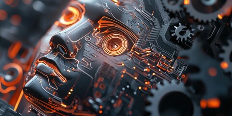 Poster - Innovative abstract technology elements featuring gears and circuit patterns closeup view futuristic concept