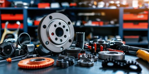 Poster - closeup of auto ancillary parts workshop product photography industrial environment detailed view me
