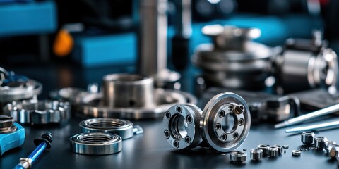 Poster - closeup of precision bearings on a mechanics desk industrial workshop metal components detailed view