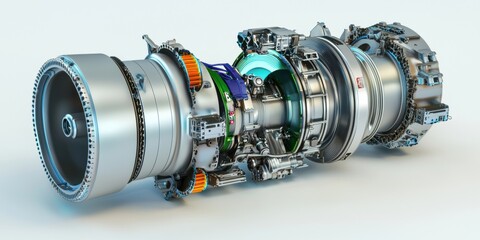 Poster - intricate jet turbine engine component display industrial workshop 3d render detailed mechanics clos