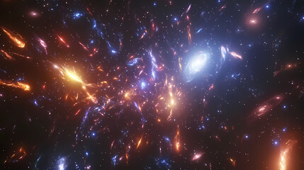 Wall Mural - Cosmic enigma: stunning 3d render of a colorful supercluster of galaxies with cinematic lightning display. Enigma. Illustration