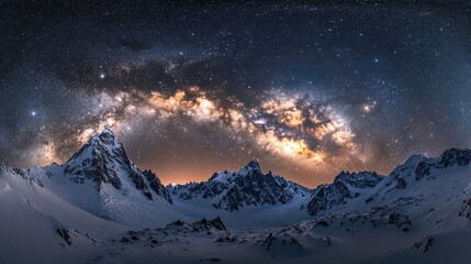Panoramic view of a space photograph of the Milky Way galaxy with stars against the night sky. 