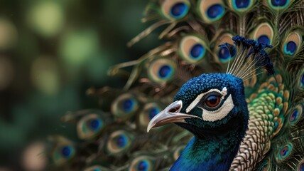 Wall Mural - Close-up of a peacock's head and neck with vibrant plumage.