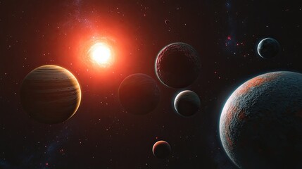 Wall Mural - Planets in deep space. Nebulae in the light of red and blue stars. Science fiction