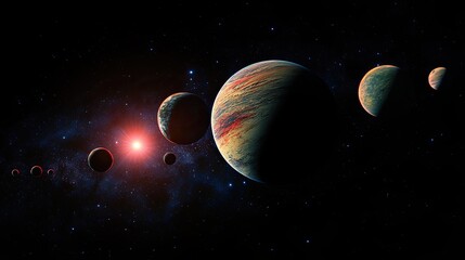 Wall Mural - Planets in deep space. Nebulae in the light of red and blue stars. Science fiction