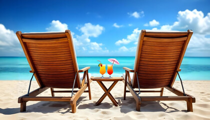 Two lounge chairs on the beach with a small table between them with fruity drinks and umbrellas in front of the ocean with a sandy beach and water and palm trees umbrellas sun on vacation honeymoon