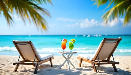 Two lounge chairs on the beach with a small table between them with fruity drinks and umbrellas in front of the ocean with a sandy beach and water and palm trees umbrellas sun on vacation honeymoon