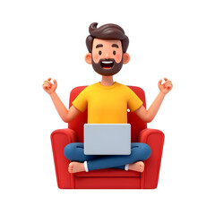 happy cartoon character man yellow t-shirt seated lotus pose with laptop at red armchair rejoicing r