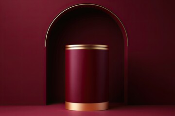 Aufkleber - Realistic dark red and gold 3D cylindrical podium with red arch shaped background. Minimal stage for product display, advertising display. 