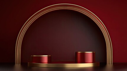 Aufkleber - Realistic dark red and gold 3D cylindrical podium with red arch shaped background. Minimal stage for product display, advertising display. 