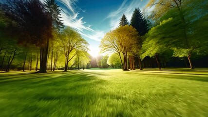 Poster - Sunlight shines through trees in a park at sunrise, while wind blows gently, creating motion blur on branches and grass, enhancing the serene beauty of the tranquil morning landscape