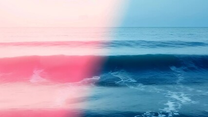 Poster - Ocean waves crashing on a beach create a serene scene, while a flowing pink light leak effect adds a dreamy, ethereal atmosphere to the tranquil waters
