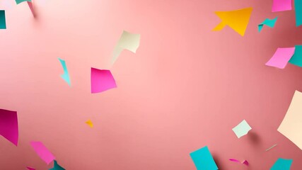 Colorful paper pieces gather and explode against a vibrant pink background, creating a dynamic display of motion and energy. The scene captures a festive burst of joy and celebration
