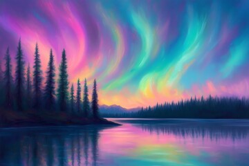 Beautiful art poster with a view of the night sky and northern lights over the forest and lake, concept of nature and night tranquility