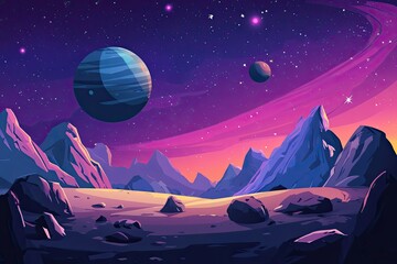 Wall Mural - Space galaxy background with planet Saturn and asteroids, cartoon universe texture. futuristic surface with purple nebula, 