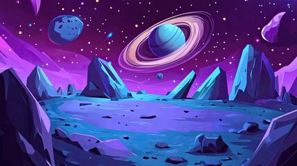 Wall Mural - Space galaxy background with planet Saturn and asteroids, cartoon universe texture. futuristic surface with purple nebula, 