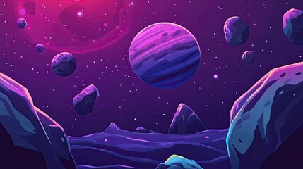 Wall Mural - Space galaxy background with planet Saturn and asteroids, cartoon universe texture. futuristic surface with purple nebula, 