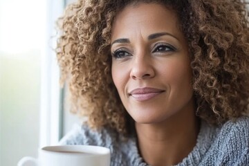 Thoughtful african female adult with curly hair holding mug by window