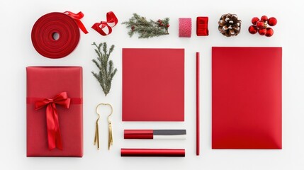 Poster - Assortment of red gift wrapping materials including paper, ribbons, and cards laid out with room for personalized messages. Generative AI