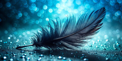 Poster - A delicate black feather rests on a textured surface surrounded by a shimmering blue background. Reflections of droplets enhance its beauty during a tranquil, artistic moment