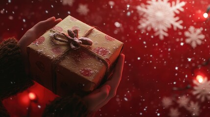 A Christmas gift in natural wrapping held by cozy hands on a textured red background with white snowflakes and festive lighting