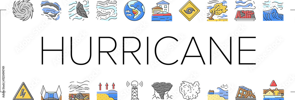 hurricane cyclone storm wind icons set vector. typhoon rain, surge ...