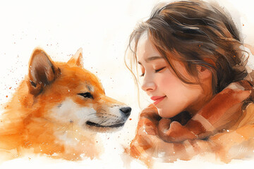 watercolor painting of asian girl with shiba inu dog, copy space, orange pastel color