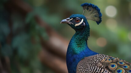 Wall Mural - Close-up of a peacock's head and neck, showcasing vibrant blue and green plumage, against a blurred natural background.