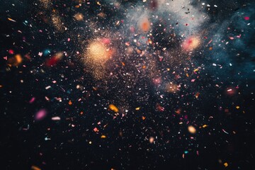 exploding confetti and glitter in dark space, festive celebration
