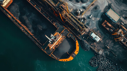 Wall Mural - Aerial view of a cargo ship loading coal at a port, showcasing industrial activity. Ember. Illustration