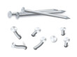 © YURII - Nails hammered into wall steel straight and bent metal hardware spikes. Hobnails with grey caps top view isolated on transparent background. Vector