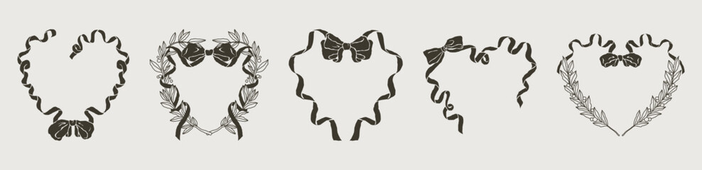 Wall Mural - collection of heart frames with bow and ribbons in vintage rococo style. victorian aesthetic.hand-dr