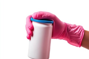 Poster - A person wearing pink gloves holds a white container, ready for use or transport