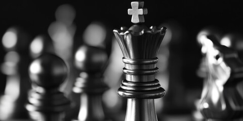Poster - Close-up shot of a chess piece on a wooden chess board, perfect for business or strategy related concepts