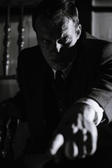 Poster - A businessman in a suit points at an object or idea, great for illustrations of sales, marketing, and entrepreneurship