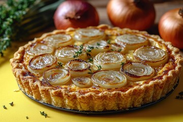 Poster - A quiche with onions and herbs served on a table, perfect for breakfast or brunch