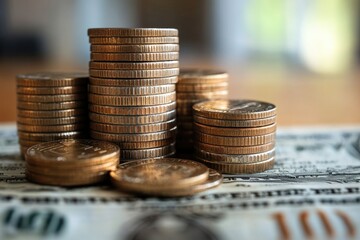 Aufkleber - A stack of coins resting atop a pile of cash, suitable for financial or economic illustrations