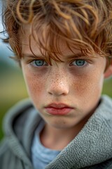 Poster - Portrait of a young child with distinctive freckles, suitable for use in advertising or editorial content