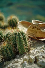 Poster - A hat sits atop a prickly cactus plant in the desert
